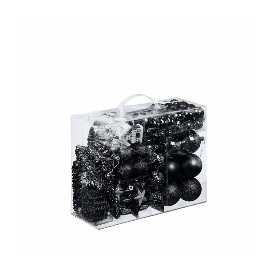 Relaxdays Weihnachtskugeln aus Polystyrol in Schwarz, 100er Set mit Aufbewahrungsbox, inklusive Zapfen, Blumen, Sternen, Häusern und Schneeflocken - Bild 2