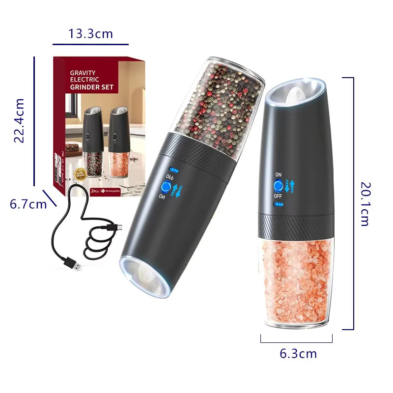 Venlohome 2er Set Elektrische Automatische Gewürzmühlen mit Schwerkraftsensor, Einstellbare Mahlstärke und LED-Licht, Schwarz - Bild 6
