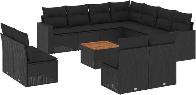 vidaXL 12-tlg. Garten-Sofagarnitur aus Poly-Rattan und Akazienholz in Schwarz mit Kissen - Bild 1