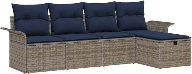 vidaXL Gartensofa-Set aus Polyrattan mit 5 Teilen, L-Form Lounge-Set mit Kissen und integriertem Stauraum in Grau und Blau - Bild 1