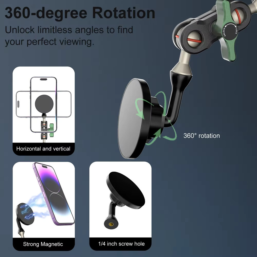 ORBMART Magnetischer 360 Grad Handyhalter für iPhone und Samsung Smartphones mit MagSafe Kompatibilität, Stativhalterung und Adapter, Schwarz - Bild 3