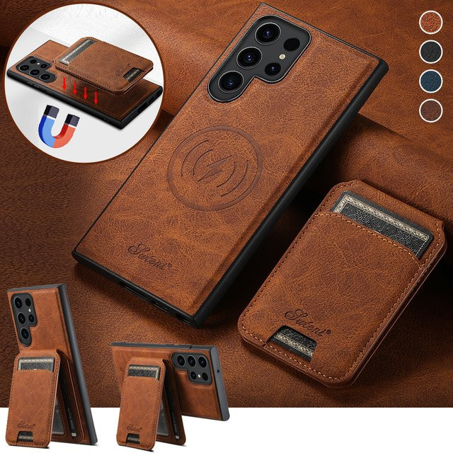 2-in-1 Leder-Handyhülle mit abnehmbarem Magnet-Kartenhalter und Geldbörse für Samsung Galaxy S24, S23 Ultra und S22 Plus, kompatibel mit kabellosem Laden, Farben: Schwarz und Braun - Bild 1