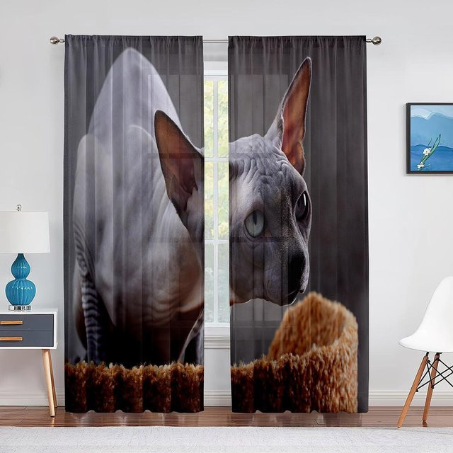 Sphynx Kätzchen Transparentes Chiffon-Fenster Vorhang mit Ösen, Grau, Breite: 100 cm, Höhe: 250 cm - Bild 1