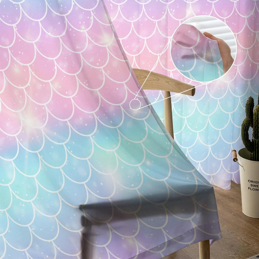 Yiran Furniture Transparenter Voile-Vorhang Meerjungfrauenschuppen-Design in Regenbogen-Ozean-Optik, B: 135 cm, H: 115 cm - Bild 2