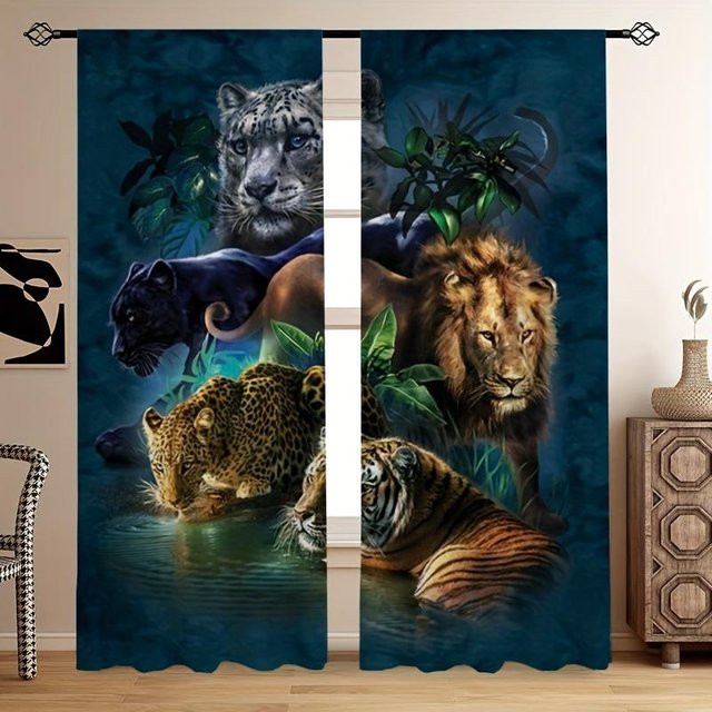 Yiran Furniture Wolf Fenstervorhänge mit Ösen, 2er-Set, halbtransparent, Polyester, Mehrfarbig, Breite: 65 cm, Höhe: 60 cm - Bild 1