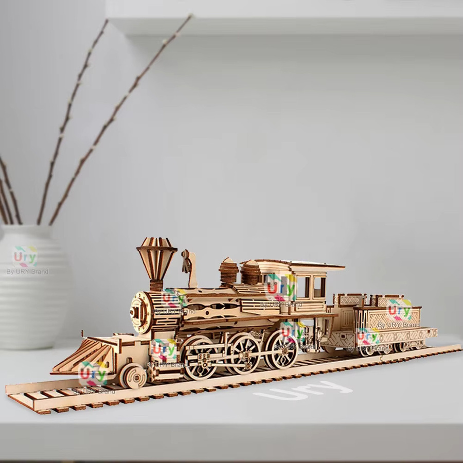 Ury 3D Holzpuzzle Retro Dampfzug mit Schienen, Eisenbahnbrücke, Montagemodell - Bild 2