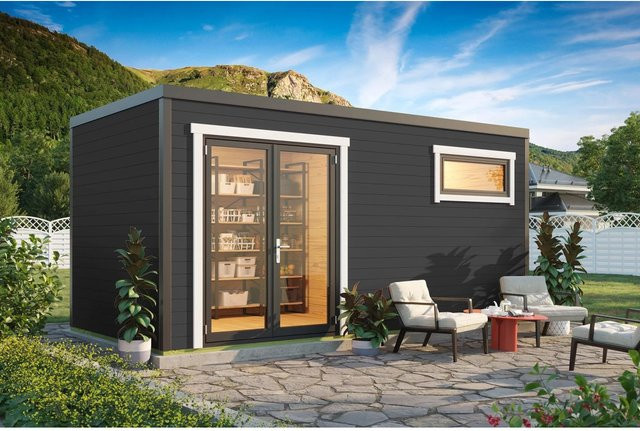 Lasita Holz-Gartenhaus Sardinia Blockbohlenhaus mit Flachdach in Carbongrau lasiert B/H/T: 500 x 239,4 x 250 cm - Bild 1