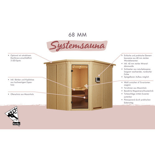 Karibu Sauna Haaspsalu aus Fichtenholz mit 9 kW Saunaofen und integrierter Steuerung für 4 Personen, beige - Bild 2