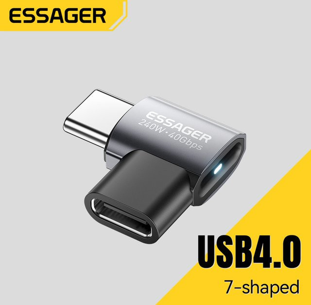 Essager USB4.0 Typ-C OTG-Adapter in Grau mit 40Gbps Datenübertragung, 240W Schnellladung und 8K@60Hz Unterstützung als 90-Grad-Winkeladapter - Bild 1