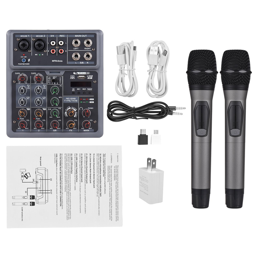 TOMTOP JMS 6-Kanal Audiomixer Mischpult mit 2 drahtlosen Mikrofonen, Bluetooth und OTG, 4 DSP-Szeneneffekte, Schwarz - Bild 4