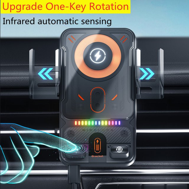 XIKCU Kabelloser Auto-Handyhalter mit One-Touch Funktion, 360 Grad drehbar und automatischem Öffnen und Schließen, Schnellladegerät für iPhone und Samsung in Schwarz oder Grau - Bild 1