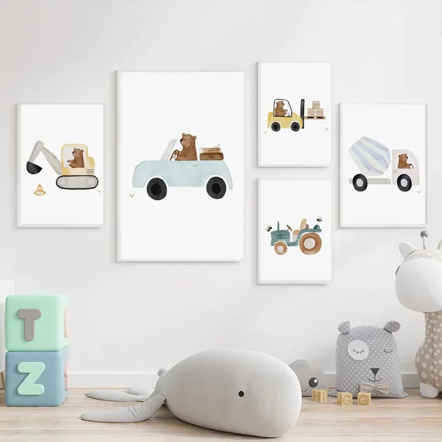 Potdemiel Boho Bär Aquarell Poster mit Baustellenfahrzeugen als Leinwand Wandkunst für das Kinderzimmer in Mehrfarbig - Bild 1