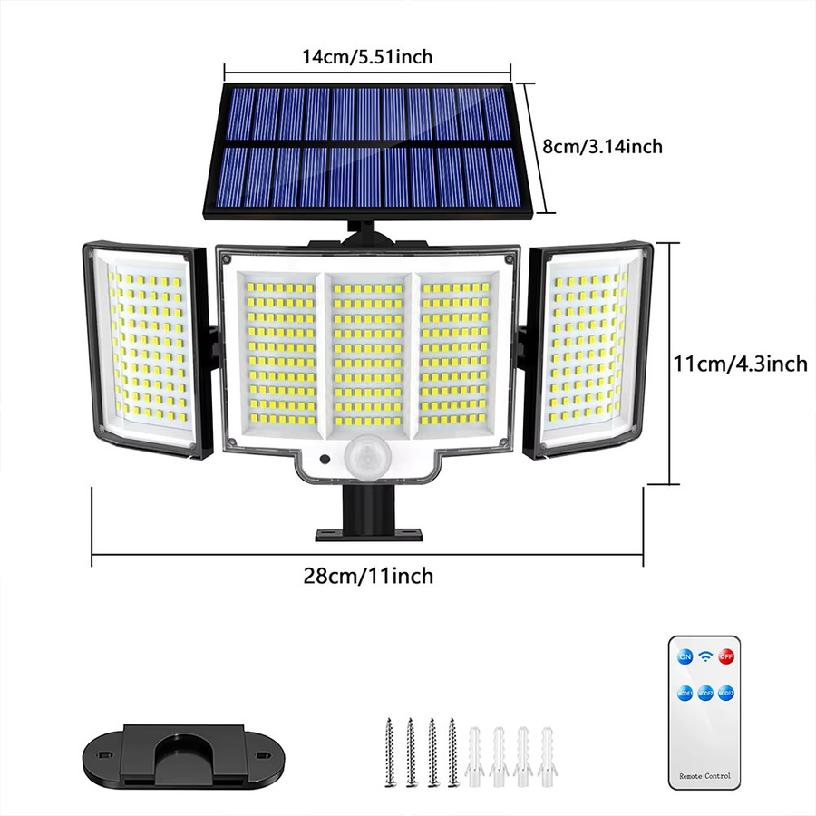 Solar-Außenleuchten mit 348 LEDs und Bewegungssensor, IP65 wasserdichte LED-Wandleuchte mit 3 Modi für Garten und Hof, schwarzes Solar-Flutlicht mit 3 Köpfen - Bild 7