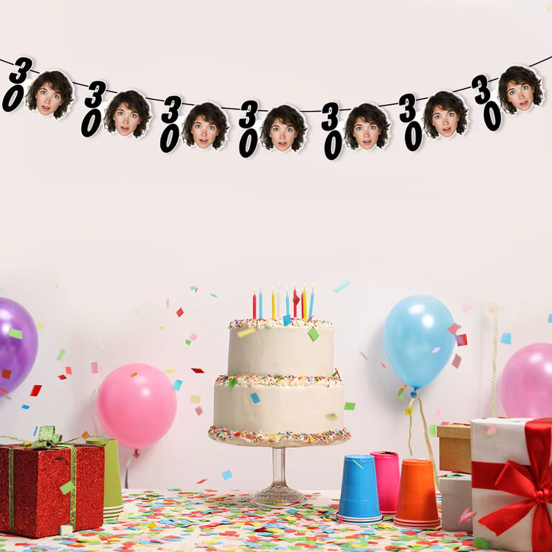 Joy-enlife Personalisierte Geburtstag Party Girlande aus Papier in Schwarz und Gold mit Foto-Gesichtern für Erwachsene - Bild 2