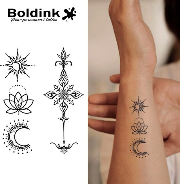 Stern Mond- und Lotus-Totem temporäres Tattoo, Unisex, wasserfest - Bild 1