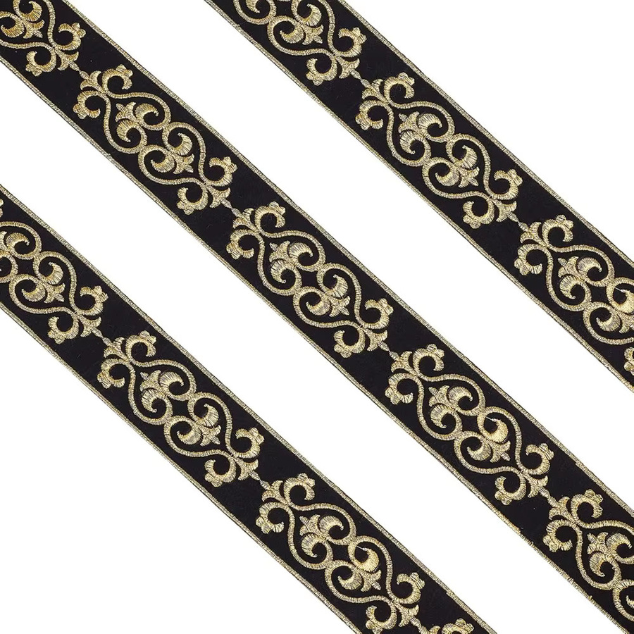 Jacquardband mit Blumenbesatz in Schwarz-Gold, 4 Yards, heiß klebender bestickter Spitzenbesatz mit Stofffransen - Bild 4