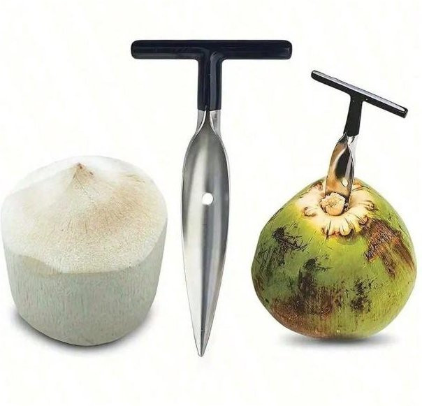 Chenxiaogang Tragbarer Kokosnussöffner aus Edelstahl mit Bohrer und Spatel in Beige und Silber - Bild 1