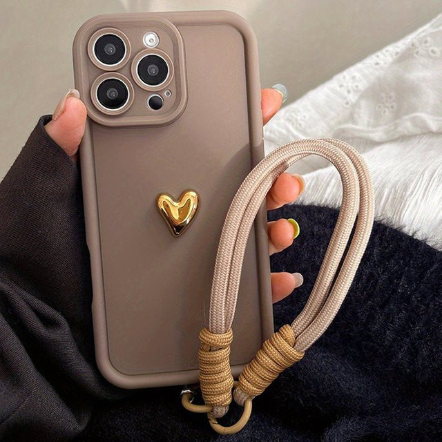Goldene 3D Herzförmige Schutzhülle mit Handgelenkschlaufe für Apple iPhone Modelle in Beige und Gold - Bild 1