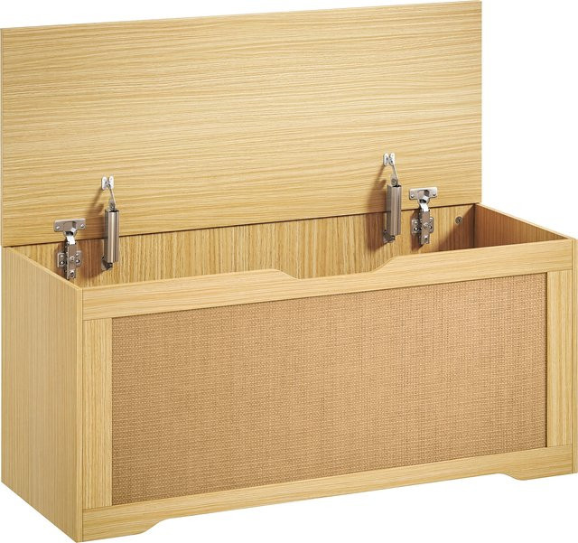 HOMCOM Aufbewahrungsbank aus Rattan in Eiche, Truhenbank mit aufklappbarem Deckel und 2 Sicherheits-Scharnieren für Wohnzimmer oder Flur, B/T/H: 100 x 40 x 45 cm, Aosom - Bild 1