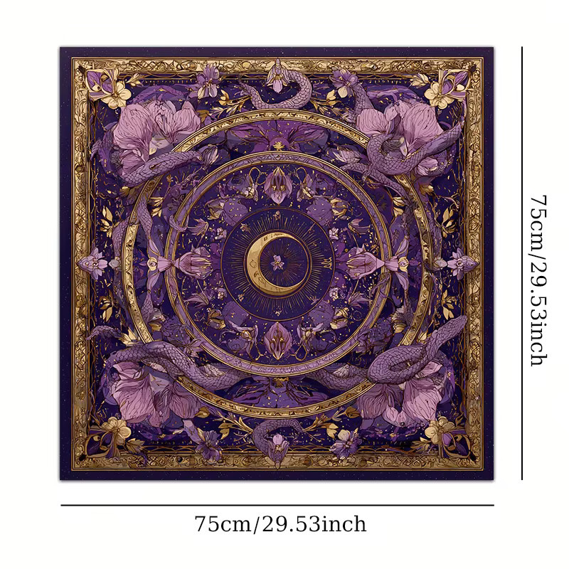 VIKAMA Altartuch mit lila Drachen-Mond-Blumen-Motiv aus Leinen für Tarotkarten und Meditation im Boho-Stil - Bild 3