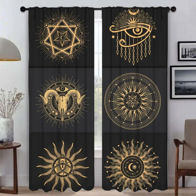 Retro Mystic Eye Verdunkelungsvorhang Set aus 2 Paneelen in Schwarz, B: 60 cm, H: 90 cm - Bild 1
