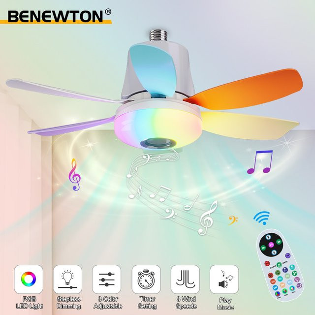 BENEWTON Smart RGB Deckenventilator mit E27-Sockel, LED-Licht, Lautsprecher und Fernbedienung, dimmbar, Farbe: Weiß/Multicolor - Bild 1