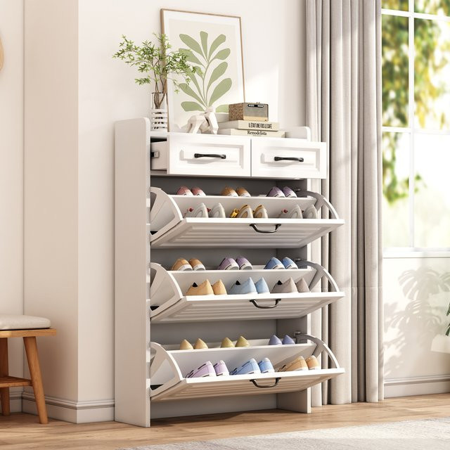 Svintora Schuhschrank Weiß Matt mit Klappfächern und Schubladen für Eingangsbereich und Wohnzimmer - Bild 1
