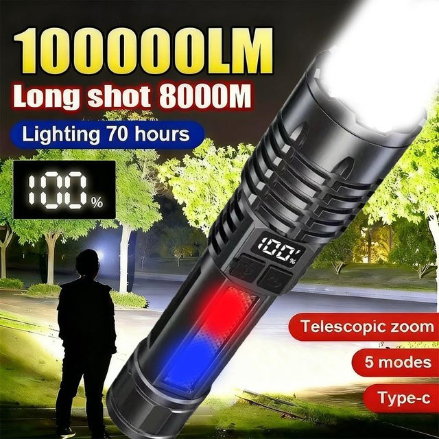 KDULIT Wiederaufladbare LED-Taschenlampe mit RGB-Warnlicht in Rot und Blau, Taktische Aluminium-Taschenlampe mit Zoom für Outdoor und Camping - Bild 1