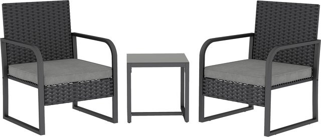Outsunny 3-teiliges Garten-Set aus PE-Rattan und Stahl mit 2 Stühlen, waschbaren Kissen und Beistelltisch mit Glasplatte, Dunkelgrau und Schwarz - Bild 1