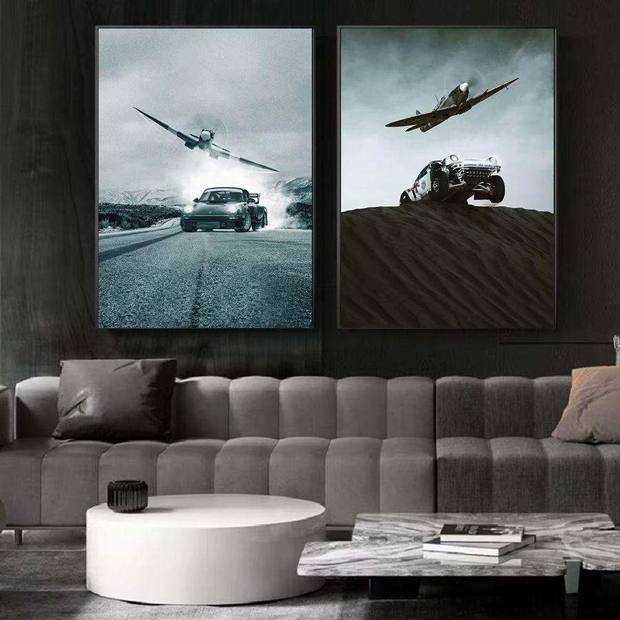 Moderne Leinwandmalerei von Potdemiel mit Blackbirds, Sportwagen und Kampfjets in Schwarz als Wandkunst für dein Wohnzimmer oder Schlafzimmer - Bild 3