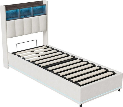 PXloue Einzelbett Weiß mit Schubladen, USB-Ladefunktion und Bettbeleuchtung, gepolstert, B/T/H: 90 x 200 x 40 cm