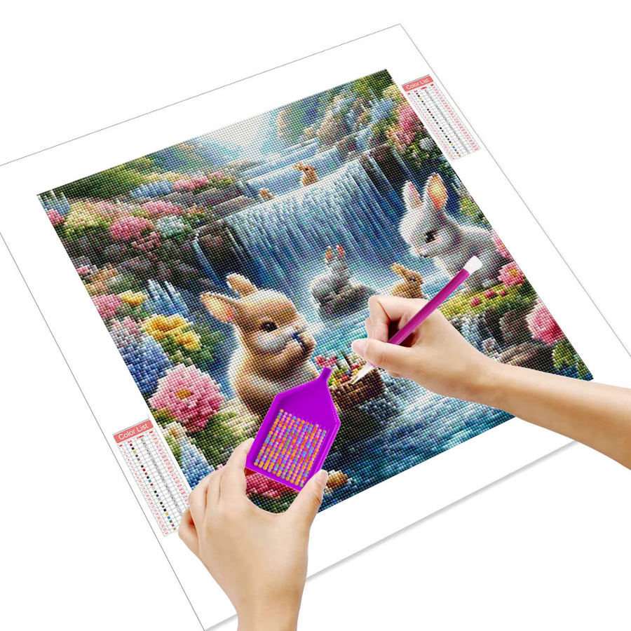HUACAN 5D Diamant-Stickerei-Set mit niedlichem Hasen und Wasserfall in floraler Oster-Szene, Multicolor - Bild 2