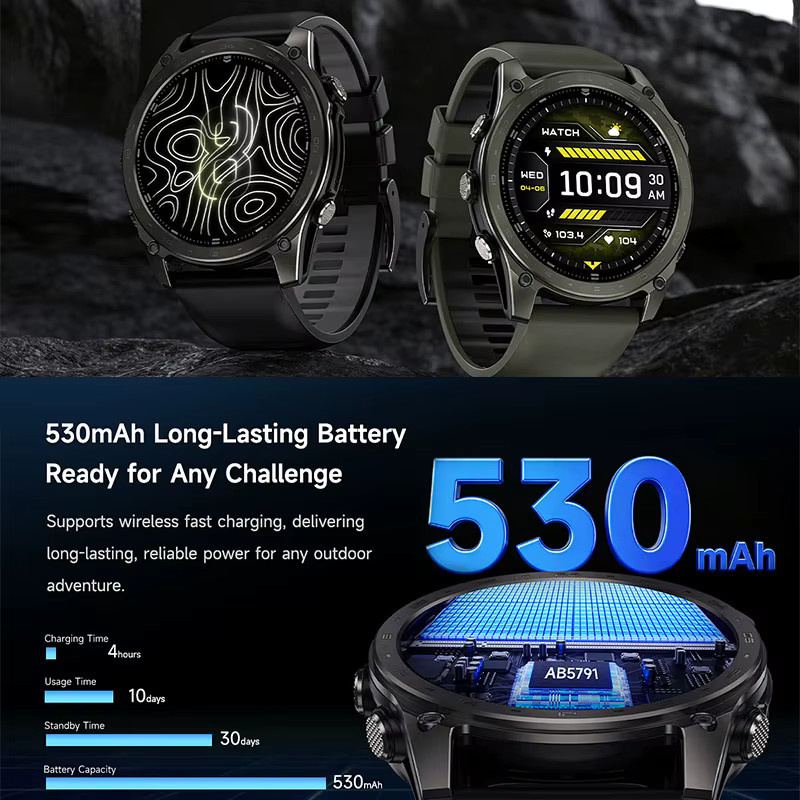 Yaocx Outdoor Smartwatch mit Bluetooth-Anruffunktion, LED-Taschenlampe, Kompass, Barometer, 530mAh Akku, Schlafüberwachung und 5ATM Wasserdichtigkeit in Schwarz oder Grün - Bild 4