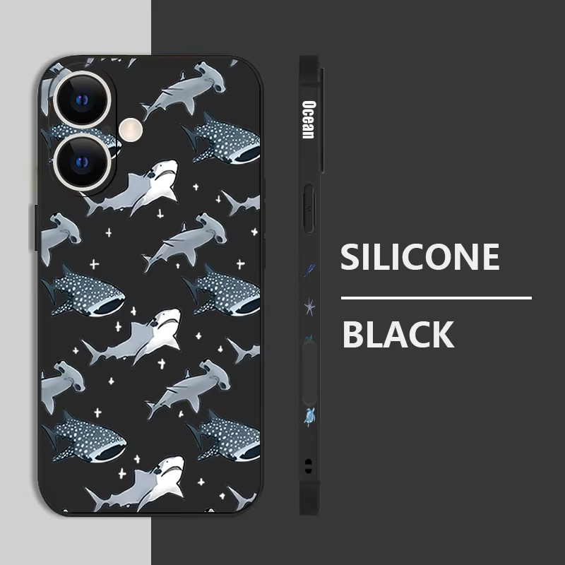 Stoßfeste TPU-Telefonhülle von MOESOE mit Walhai und Delphin Motiv für iPhone 16 15 14 13 12 Pro Max in Grau oder Schwarz - Bild 1