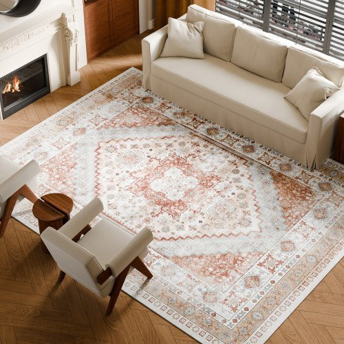 VEVOR Flächenteppich im Vintage-Stil, waschbarer Kurzflor-Teppich aus Kunstkaschmir mit rutschfester Unterseite, Braunrot, B: 274,3 cm, T: 365,8 cm - Bild 1