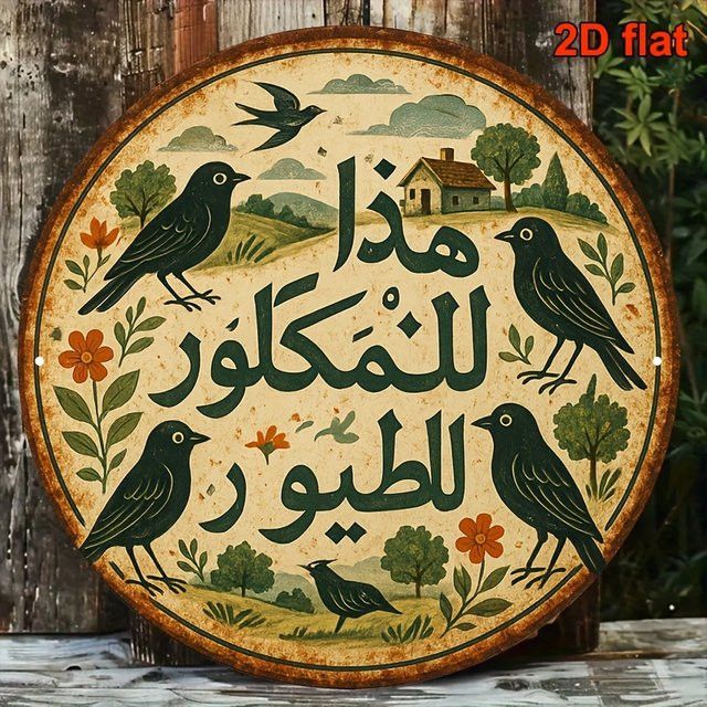 Rundes Aluminium-Wandschild von Potdemiel mit Vintage-arabischer Kalligraphie, Vögeln, Blumen und Hütten, Durchmesser: 20,32 cm - Bild 1