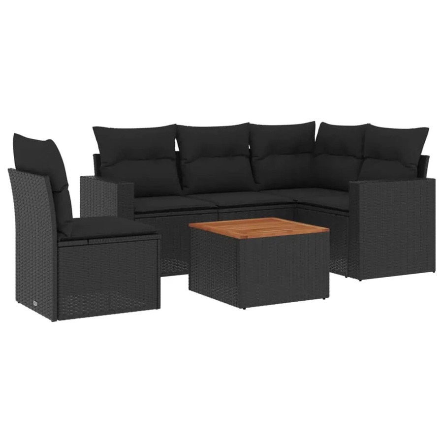 vidaXL 6-teilige Garten-Sofagarnitur aus Poly-Rattan und Akazienholz in Schwarz mit Kissen - Bild 2