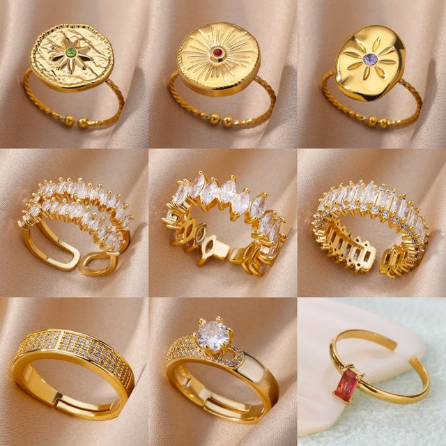 HPTOTMG Ringe, Gold, Edelstahl, Zirkonia, Damen, Minimalistisch - Bild 1
