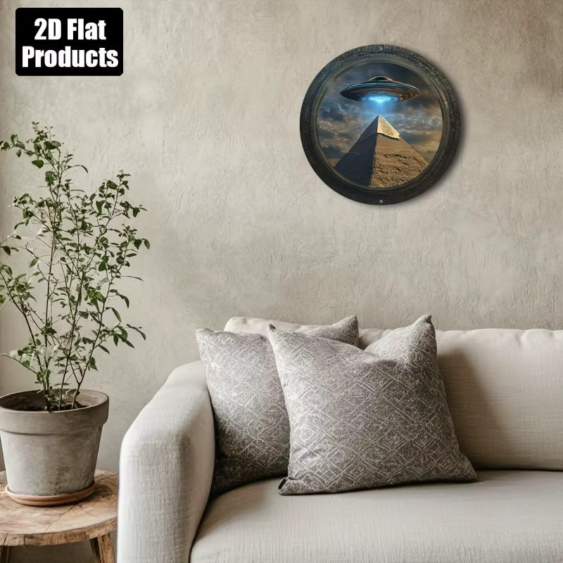 Rundes Metallschild Potdemiel mit Pyramiden-UFO-Motiv in Mehrfarben, dekoratives Retro-Design für Bar, Küche oder Büro - Bild 3