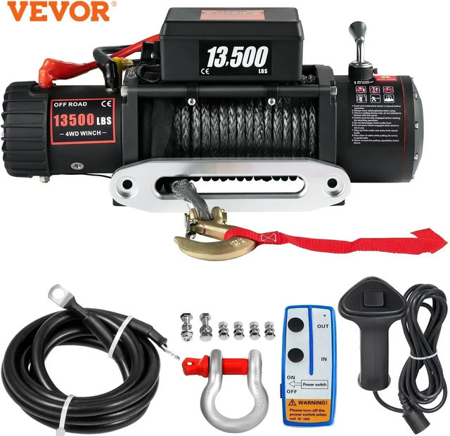 VEVOR Elektrische Seilwinde 12V mit Kunstfaserseil, 13500 Pfund Zugkraft, Schwarz - Bild 1