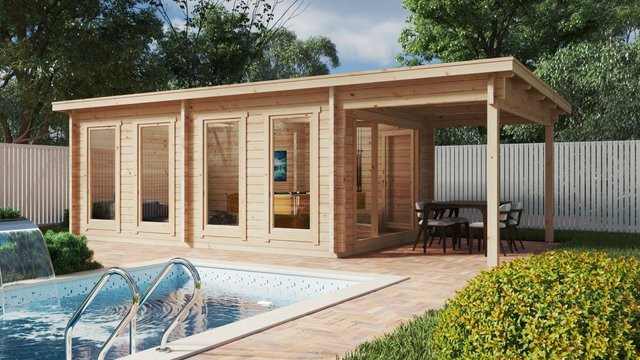 Modernes Gartenhaus David 1 aus Holz mit Vordach, Maße: B: 8 m, T: 4 m - Bild 1
