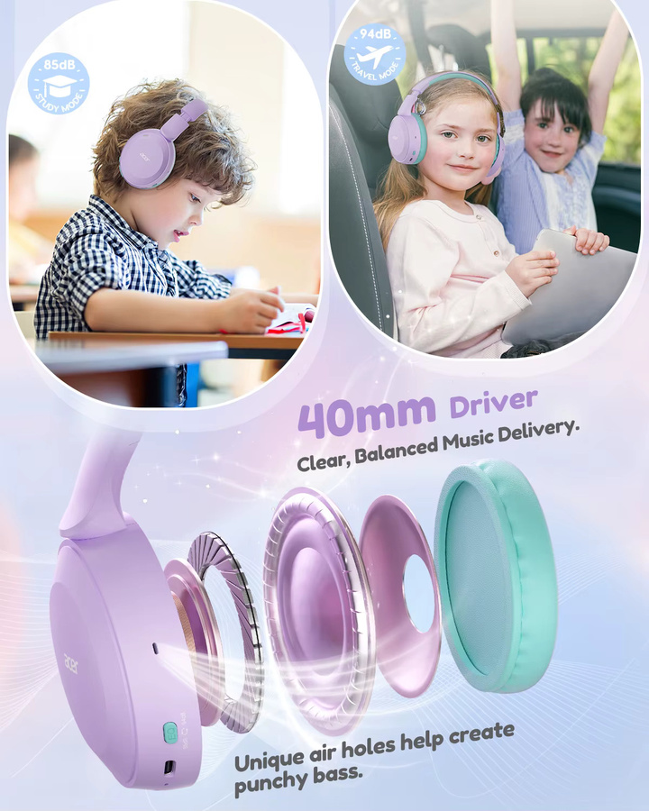 Acer Kinder Bluetooth 6.0 Over-Ear Kopfhörer mit Lautstärkebegrenzung 85/94dB und Mikrofon in Schwarz und Rot - Bild 2