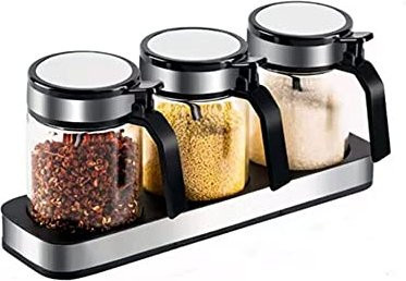 Huiyu Salz- und Zuckerdosen Set aus Glas und Edelstahl, 3er-Set, Grau, 300 ml pro Dose - Bild 1