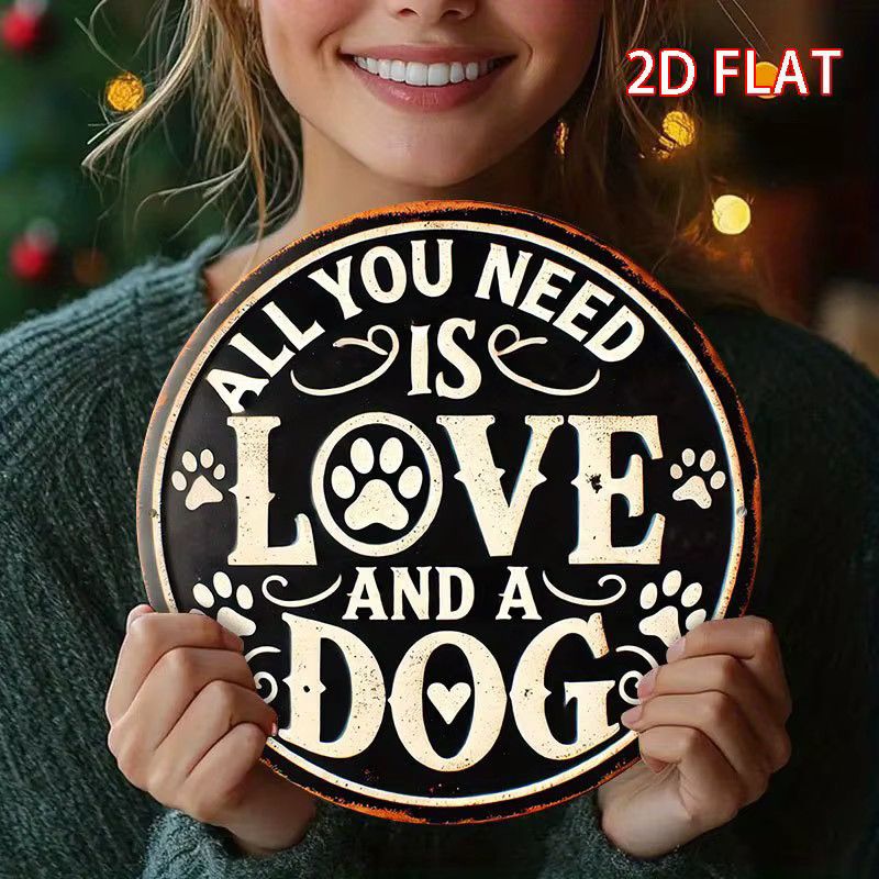 Rundes Metalldekorschild im Vintage-Stil mit Hund-Motiv All You Need Is Love and a Dog von Potdemiel - Bild 2