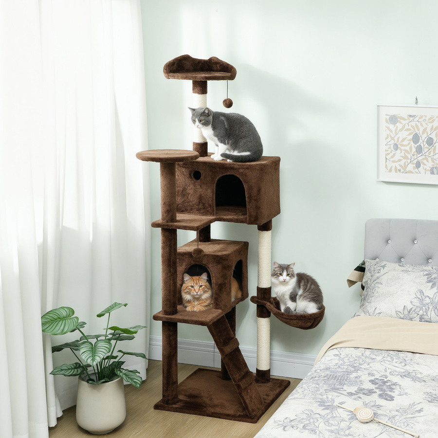 PawHut Kratzbaum für Katzen in Braun mit Hängematte, 2 Höhlen, Leiter und Sisalpfosten, Höhe: 180 cm - Bild 2