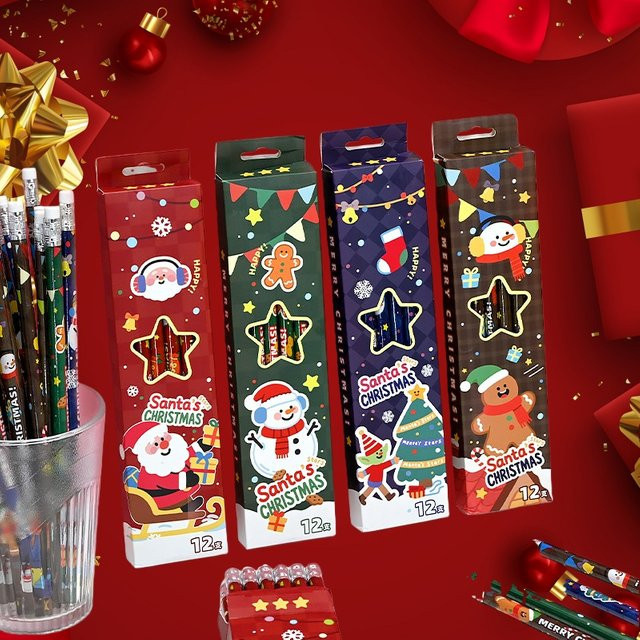 12 Stück TWBEB Weihnachts-Bleistifte 2B aus Holz mit Radiergummi, bunte Cartoon-Schreibstifte für Schüler und Studenten - Bild 1