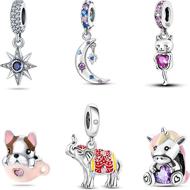 Qikaola Charm 925 Sterlingsilber, Perlen, Katzen, Hunde, Elefant, Stern, Mond, Damen - Bild 1