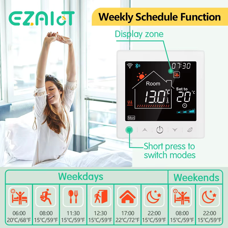 EZAIoT Drahtloser WiFi-Temperaturregler für Bodenheizung und Gaskessel, Smart Home Thermostat in Weiß mit App-Steuerung, kompatibel mit Tuya, Alexa und Google Home - Bild 3