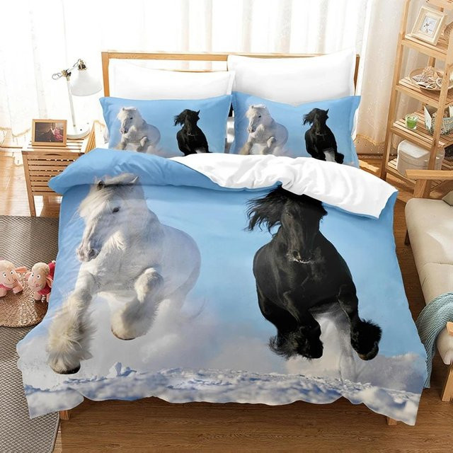 JMG Household Supplies 3-teiliges Pferde Bettwäsche Set mit 3D-Tierprint in Blau, Material Mikrofaser, B/H: 200 x 230 cm - Bild 1