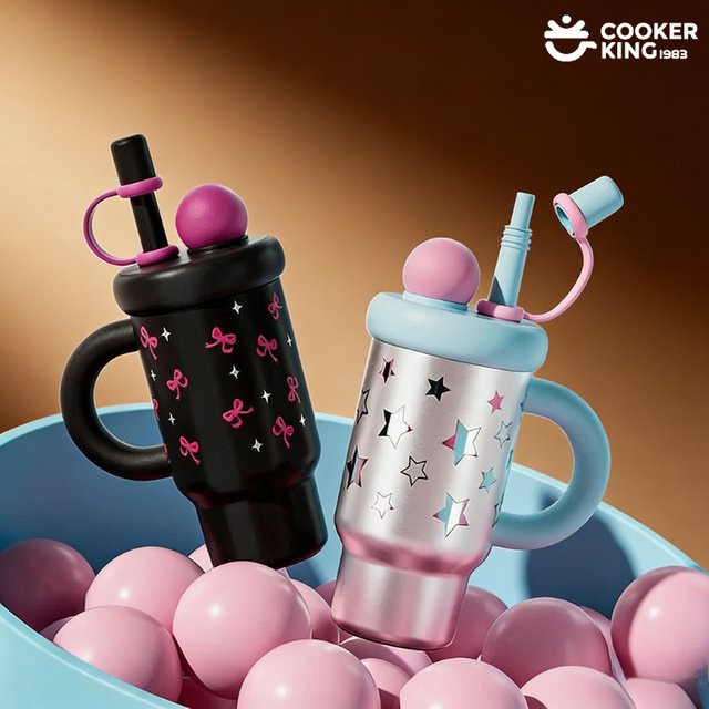Isolierbecher Cooker King aus Edelstahl mit Strohhalm und Griff, Silber, 730 ml - Bild 1